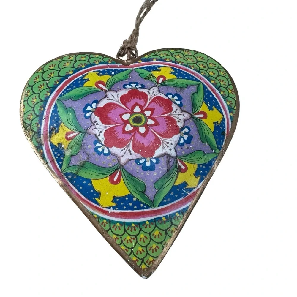 Large Metal Colorful Hand Painted Metal 2 Side 3D Hanging Heart Ornament Boho 4